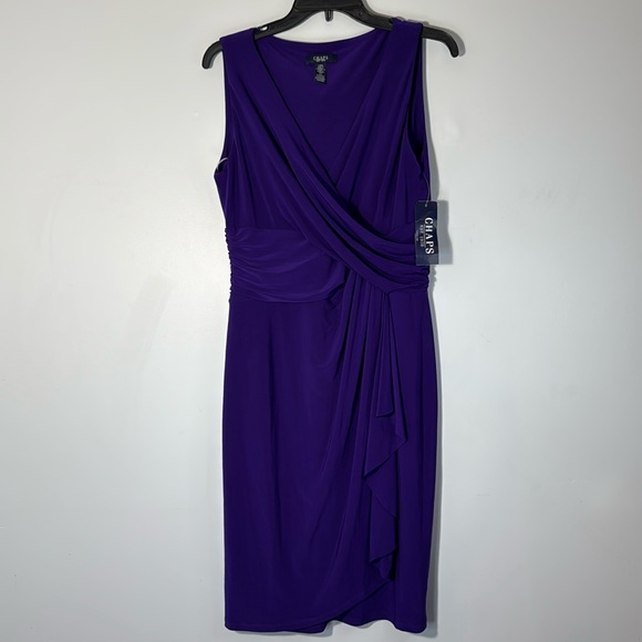 Chaps Dress Purple Ruched Midi Faux Wrap Sleeveless Sheath in Size L NWT - Picture 2 of 12